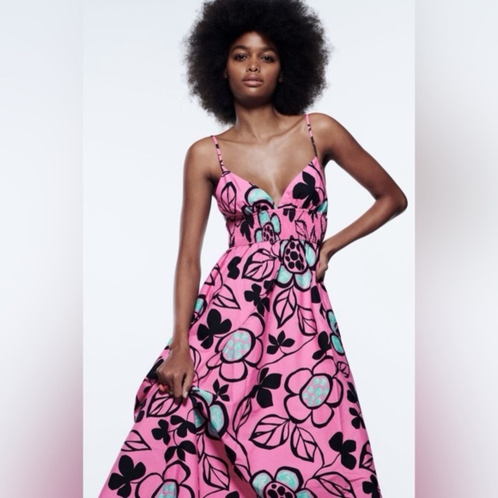 Zara Pink Blue and Black Printed Maxi Poplin Dress size XS